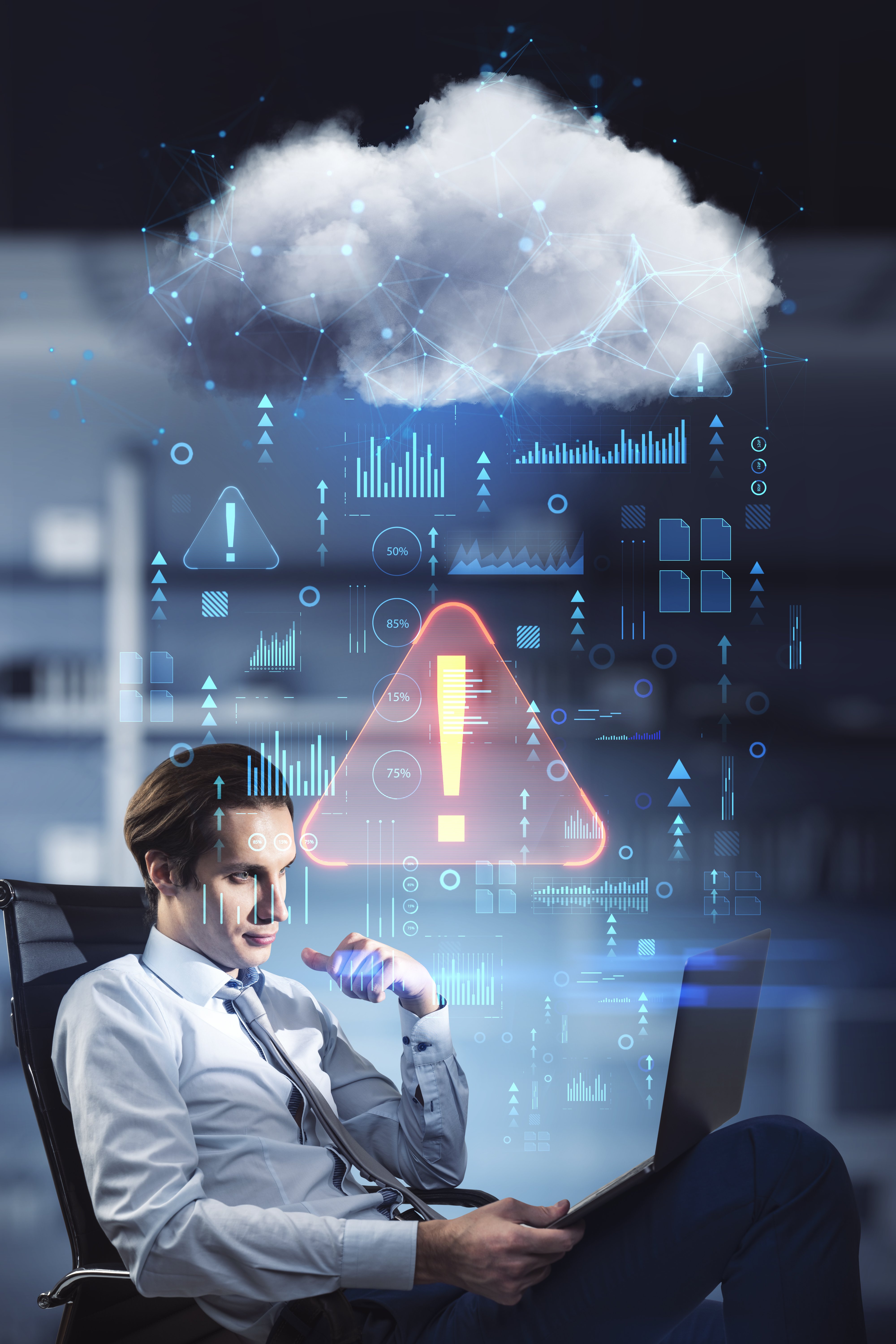 attractive-young-european-businessman-with-laptop-sitting-blurry-office-interior-with-abstract-hologram-raining-cloud-data-information-leak-security-theft-concept-double-exposure